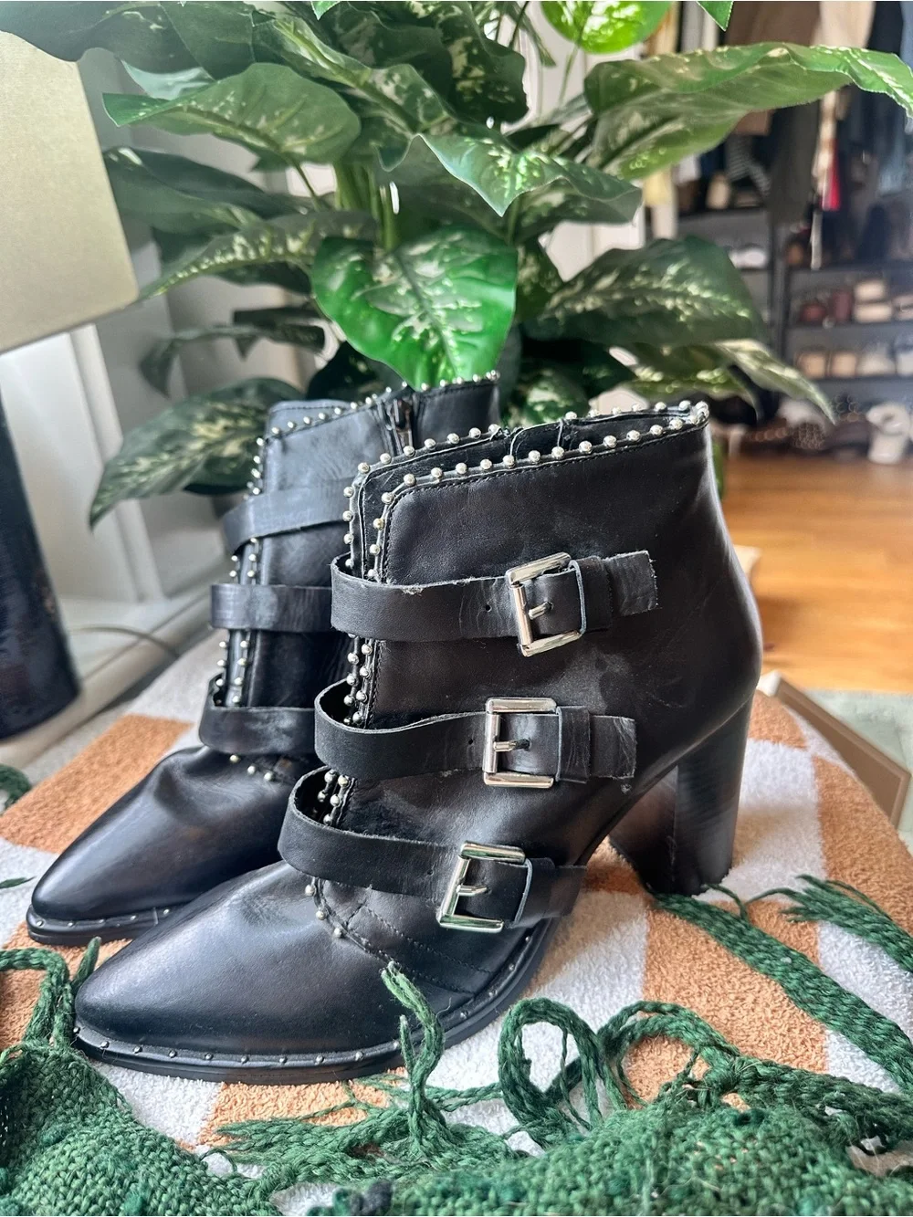 Steve Madden Black Studded Triple-Buckle Ankle Boots NEW